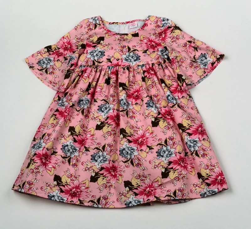 Girls Bell Sleeves Lined Dress - Large Floral - 3-8 Years (H5816)