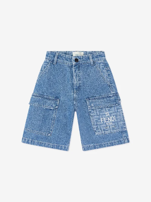 Fendi Boys Washed Denim Bermuda Shorts in Blue