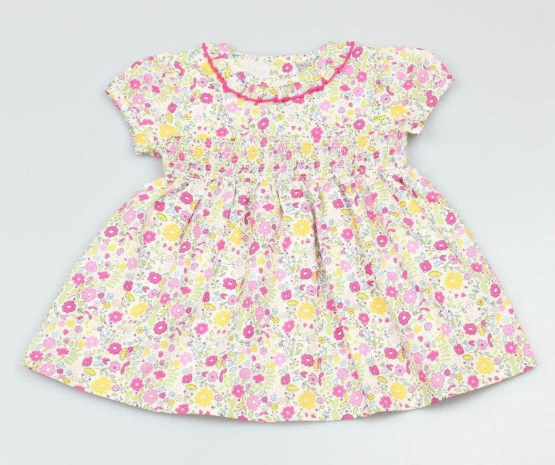 Girls Pink Floral/Smocking Dress (1-2 Years)-DRS/GF1086