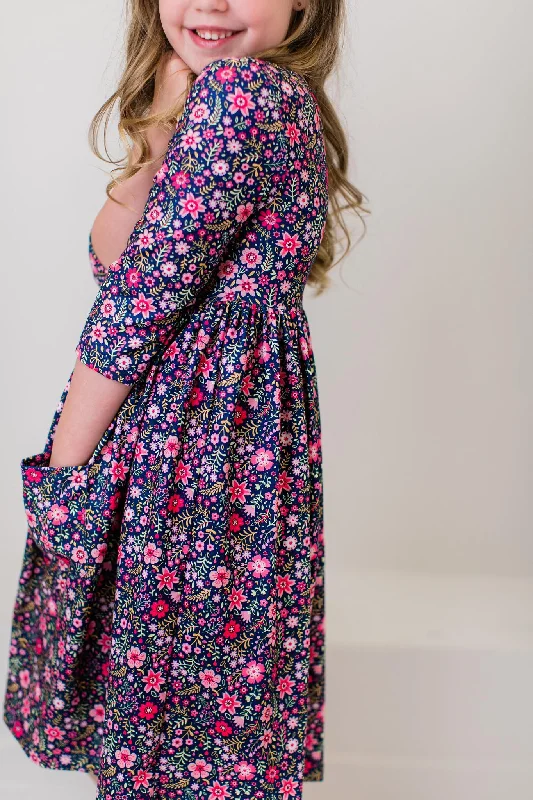 Flower Farm 3/4 Sleeve Pocket Twirl Dress
