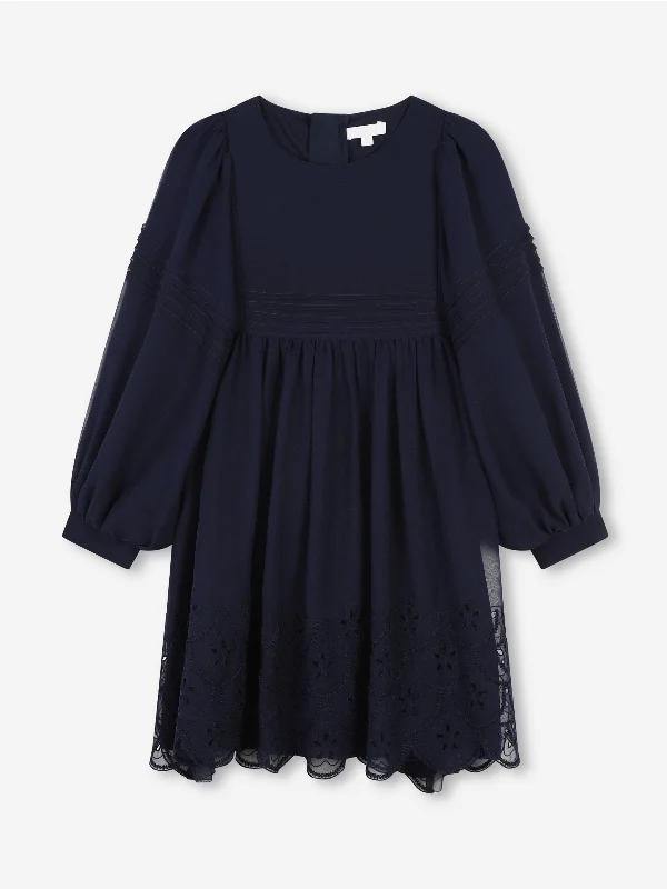 Chloé Girls Silk Embroidered Dress in Navy