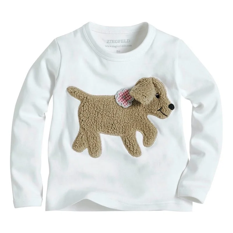 Hund KITTY weißes Shirt langarm mit Teddyfell Applikation und Blume