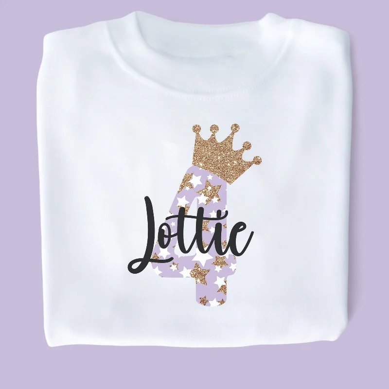 Lilac Glitter Star Crown Birthday Personalised White T-Shirt