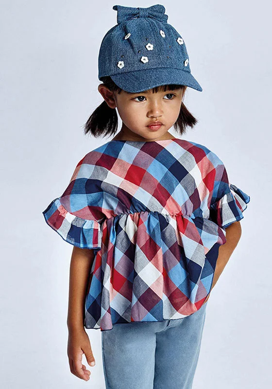 Mayoral Girls Checked Peplum Top, Blue Multi