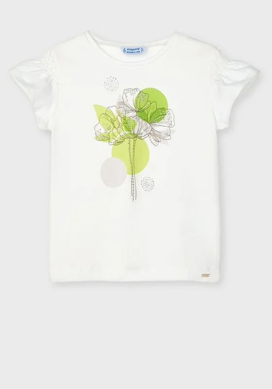 Mayoral Girls Embellished Floral T-Shirt, White & Green