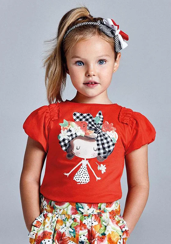 Mayoral Girls Gingham Doll Print T-Shirt, Red