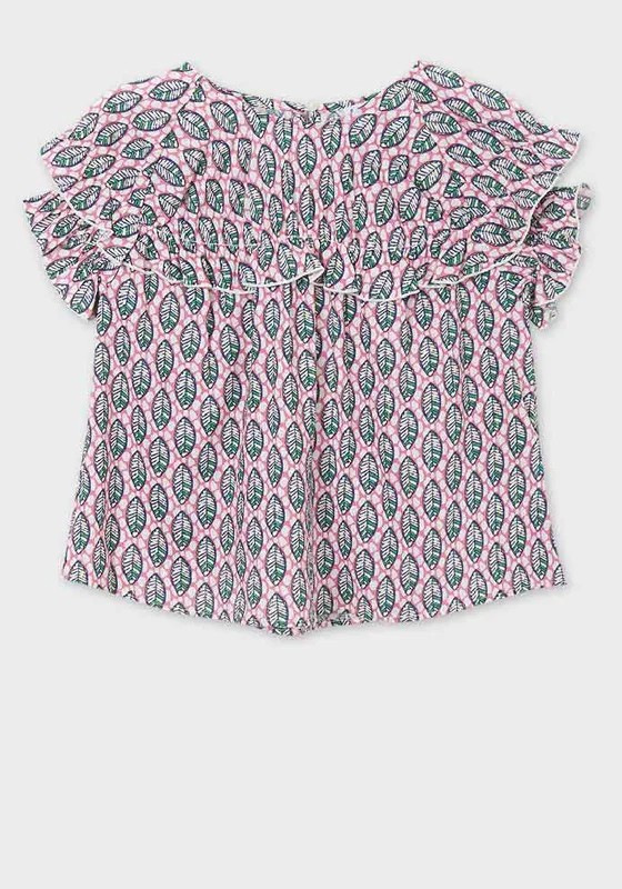 Mayoral Girls Leaf Print Ruffle Trim Top, Pink Multi