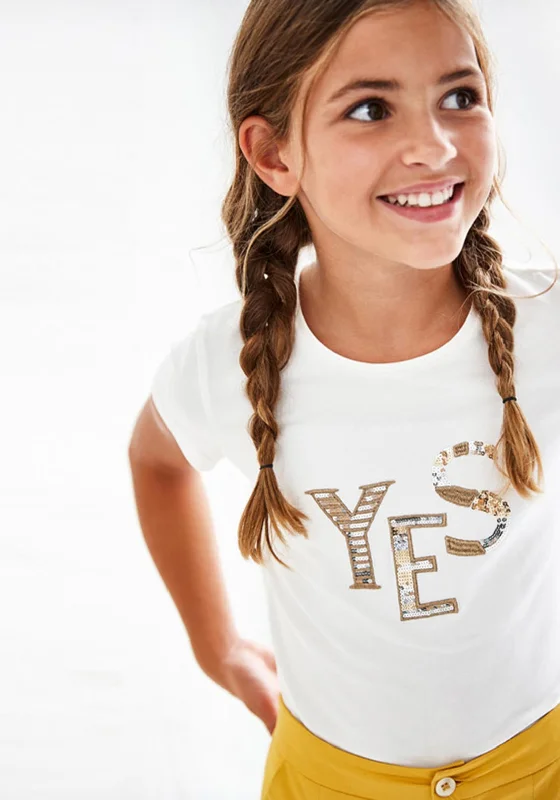Mayoral Girls Sequin YES Print T-Shirt, Off-White