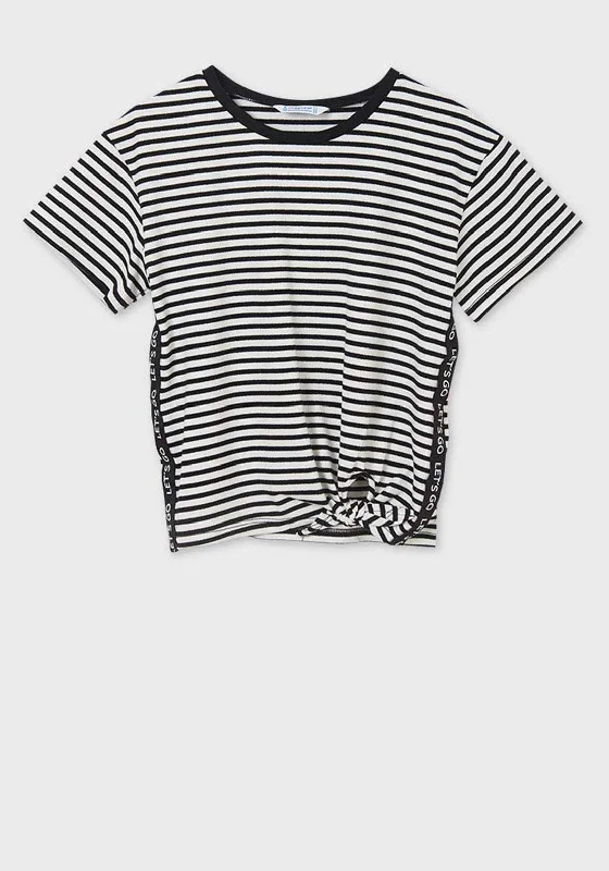 Mayoral Girls Striped Tie Hem T-Shirt, Black & White