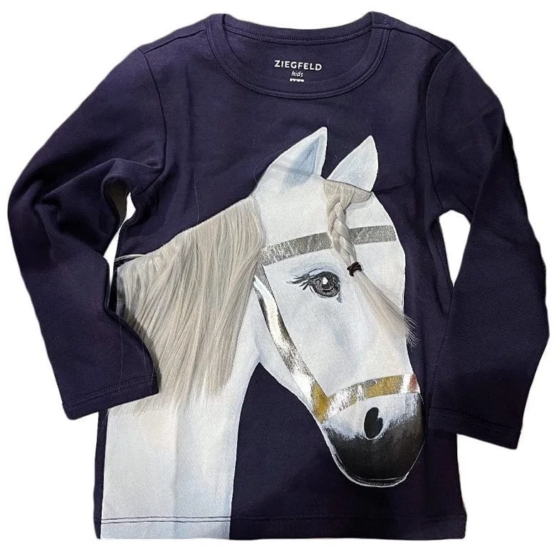 Pony Snowflake mit echter Mähne aus Puppenhaar, blau langarm Shirt