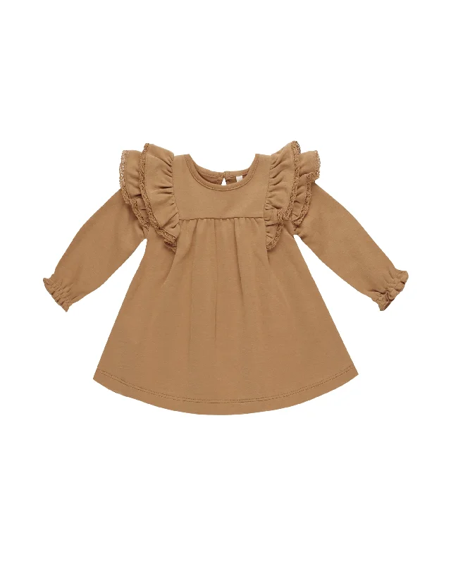 Quincy Mae Long Sleeve Flutter Dress Golden