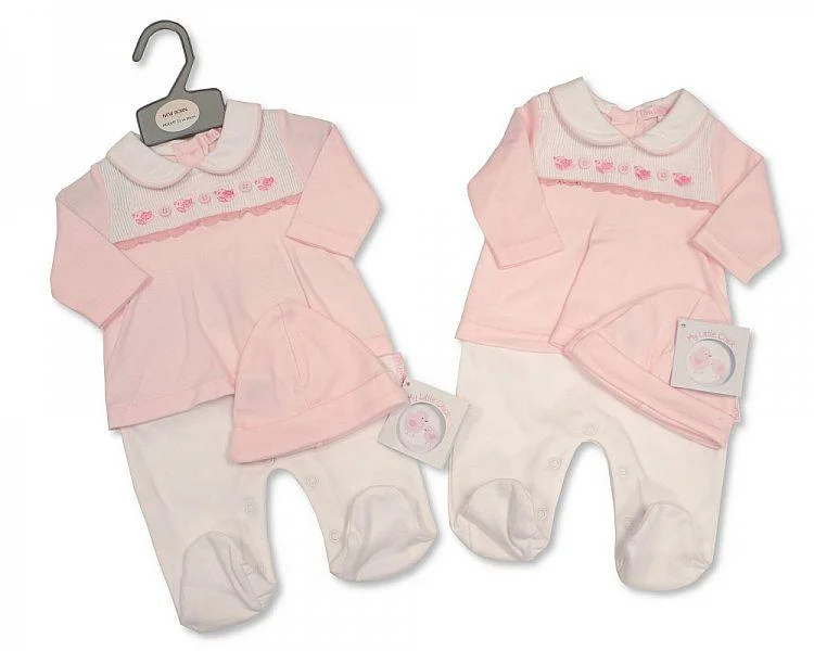 Smocked Baby Girls Faux 2 Pieces Set with Hat - Little Birds (Nb-6 Months)-Bis 2020-2353