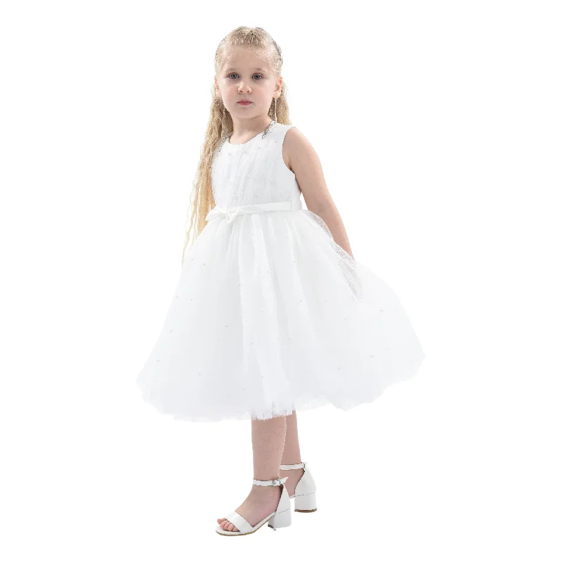 White Pearl Bow Tulle Dress