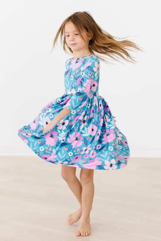 Twirling in Teal 3/4 Sleeve Pocket Twirl Dress