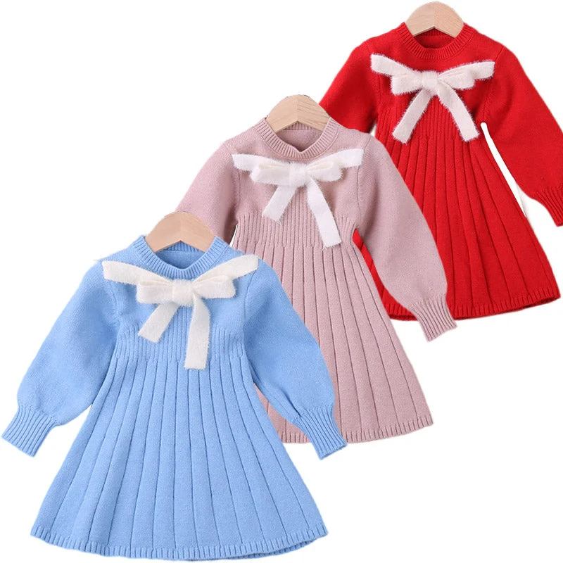 Baby Kid Girls Solid Color Bow Knitwear Dresses Wholesale 221202104