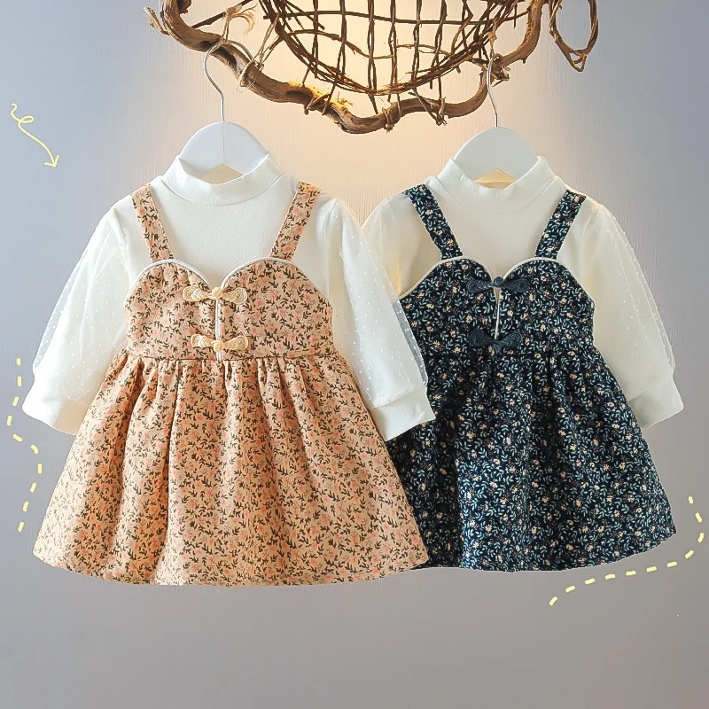 Baby Kid Girls Color-blocking Flower Print Dresses Wholesale 230105169