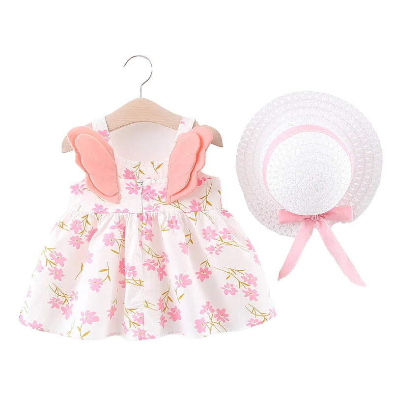 Baby Kid Girls Flower Polka dots Wings Print Dresses And Hats Wholesale 22033090