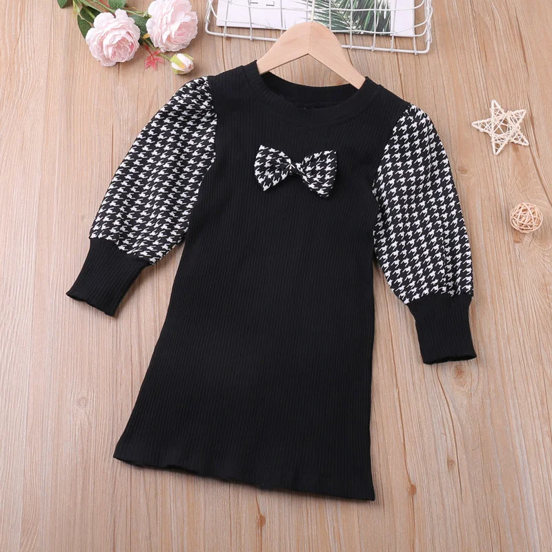 Baby Kid Girls Houndstooth Bow Dresses Wholesale 22120256
