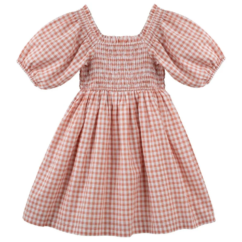 Designer Kidz Lily Puff Sleeve Dress (Terracotta Gingham)