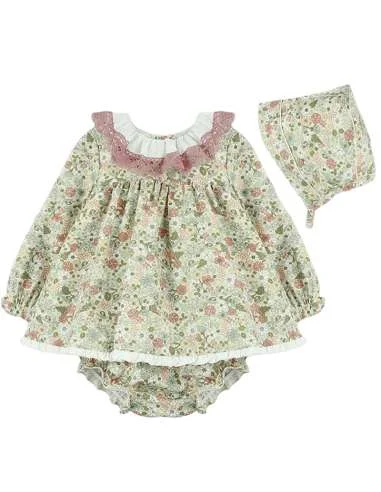 Ruffle Collar Floral Dress with Bonnet