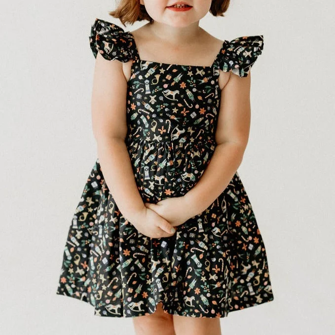 Girl’s Navy Christmas Print Flutter Sleeve Dress