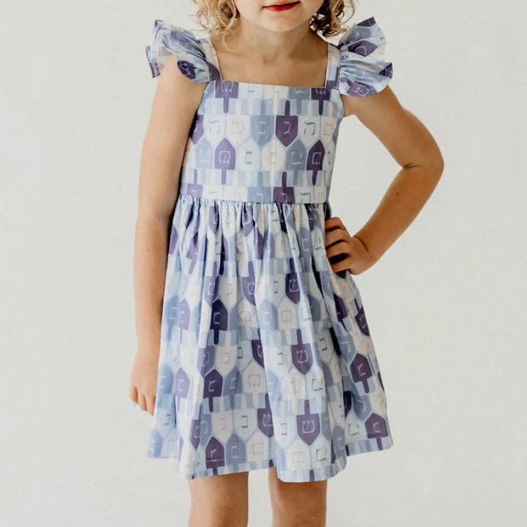 Girl’s Blue and White Dreidel Print Hanukkah Dress