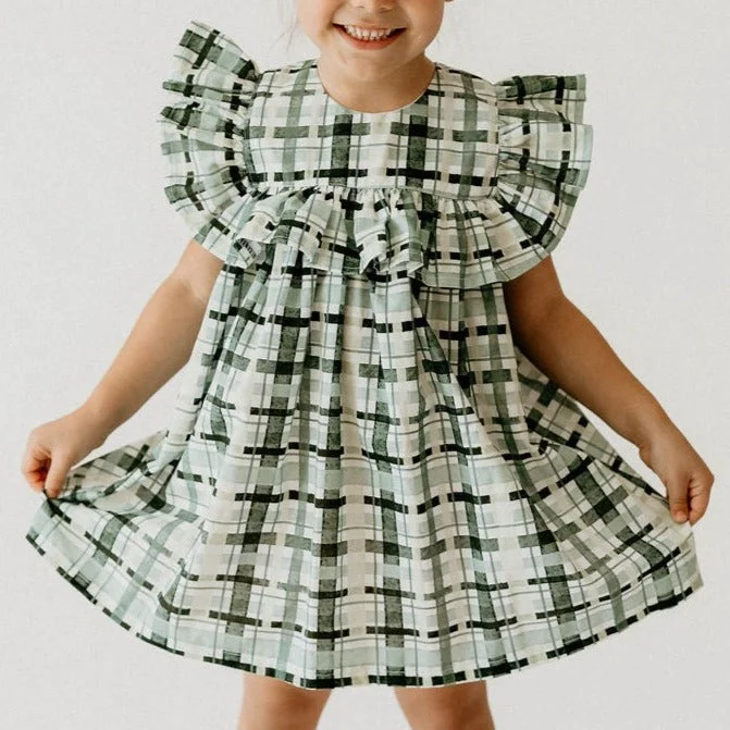 Girl’s Hunter Green Christmas Plaid Dress with Ruffle Collar
