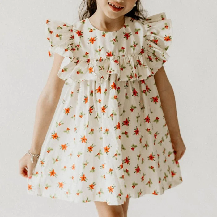 Girl’s Ivory Holly Print Christmas Dress with Ruffle Collar