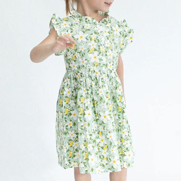 Girl’s Light Green and Yellow Floral Ruffle Button-Down Dress