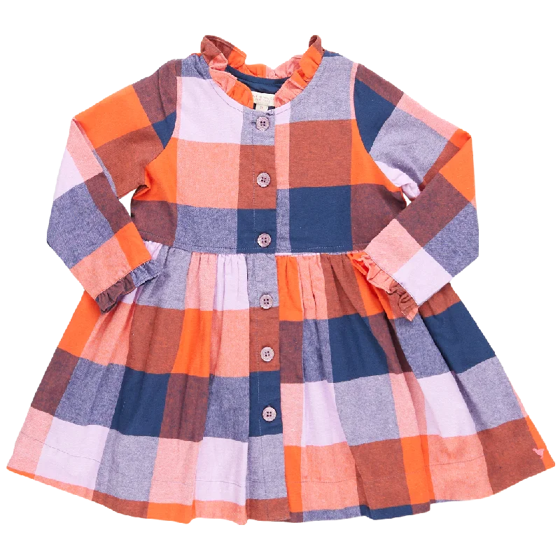 Girls Autumn Dress - Navy Orange Check