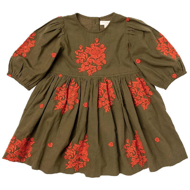 Girls Brooke Dress - Dark Olive Embroidery