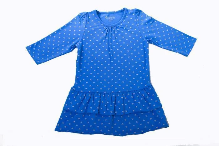 MInifin Long Sleeved Heart Print Ruffle Dress - Cobalt/Silver